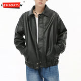 Ouzey Niche Design Men's Jackets Loose Pu Leather Short Coats Turn-down Collar Solid Color Casual Male Tops Personality