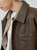 Ouzey Spring Autumn Short Oversized Brown Black Soft Faux Leather Jackets for Men Pockets Long Sleeve Korean Fashion 2025