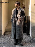 Ouzey Autumn Winter Oversized Long Thicken Warm Grey Woolen Coat Men Shoulder Pads Double Breasted Wool & Blends Overcoat