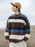 Ouzey Contrast striped round neck sweater for men 2025 autumn and winter new style Japanese retro lazy style sweater sweater Y2k top