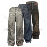 Ouzey Gothic Punk Style Scratched Washed Baggy Jeans Men Y2K Harajuku Retro Loose Casual Straight Pants High Street Fashion Streetwear