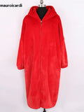 Ouzey Spring Winter Long Oversized Red Warm Fluffy Faux Fur Coat Women with Hood Zipper Loose Casual Furry Overcoat 2025