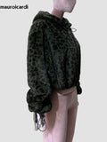 Ouzey Spring Winter Short Colorful Leopard Print Soft Warm Faux Fur Coat Women with Hood Long Sleeve Fluffy Jacket 2025