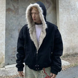 Ouzey American Fashion Woolen Collar Hooded Cotton Jacket Winter New Thick Plush Top Men Street Hip-Hop Harajuku Oversize Jacket Coat