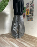 Ouzey 2024 American Retro Striped Washed Baggy Jeans Women Y2K Harajuku Street Hip Hop Anime Print Trend Straight Wide Leg Pants Men