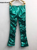 Ouzey Purple Green Shiny Reflective Skinny Stretchy Faux Leather Stacked Pants for Men Sexy Latex Trousers Y2K Streetwear