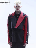 Ouzey Spring Autumn Cool Short Black and Red Color Block Pu Leather Jacket Blazer Men Long Sleeve Lace Up Clothes 2025