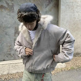 Ouzey American Fashion Woolen Collar Hooded Cotton Jacket Winter New Thick Plush Top Men Street Hip-Hop Harajuku Oversize Jacket Coat