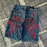 Ouzey dandys world American Street Embroidery High Waist Washed Denim Shorts Harajuku Retro Trendy Brand Oversized Jeans Men Y2k Goth Punk Shorts