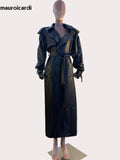 Ouzey Spring Extra Long Black Pu Leather Trench Coat for Women Shoulder Pads Back High Slit Maxi Leather Overcoat 2025