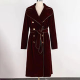 Ouzey Spring Long Burgundy Soft Velvet Trench Coat for Women with Gold Trim Double Breasted ElegantLuxury Designer Clothes