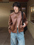 Ouzey Spring Autumn Cool Handsome Short Maillard Style Brown Pu Leather Racker Jacket Men Loose Casual Korean Fashion 2025