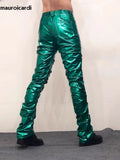 Ouzey Purple Green Shiny Reflective Skinny Stretchy Faux Leather Stacked Pants for Men Sexy Latex Trousers Y2K Streetwear