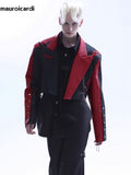 Ouzey Spring Autumn Cool Short Black and Red Color Block Pu Leather Jacket Blazer Men Long Sleeve Lace Up Clothes 2025