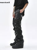 Ouzey Autumn Long Ruched Black Pu Leather Stacked Pants Men Dark Academia Vintage Clothes Steampunk Trousers Streetwear