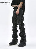 Ouzey Autumn Long Ruched Black Pu Leather Stacked Pants Men Dark Academia Vintage Clothes Steampunk Trousers Streetwear