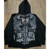 Ouzey Men Hooded Printed Embroidery Design Patterns Vintage Gothic Casual Loose Cardigan Zipper Sweatshirt Fashionable and Versatile