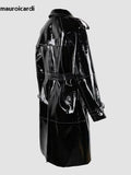 Ouzey Spring Long Shiny Reflective Black Patent Pu Leather Trench Coat for Women Belt Double Breasted Y2K European Clothes