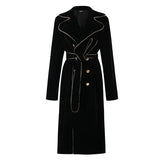 Ouzey Spring Long Burgundy Soft Velvet Trench Coat for Women with Gold Trim Double Breasted ElegantLuxury Designer Clothes