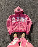 Ouzey dandys world American High Street Hip-Hop Letter Patch Embroidery Oversized Pink Zipper Hoodie Women's Y2K Harajuku Gothic Couple Sweatshirt