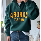 Ouzey Dark green men's sweatshirt spring and autumn trendy brand lapel letter pullover top retro loose versatile long-sleeved jacket