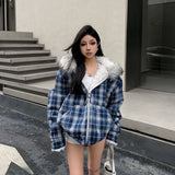 Ouzey dandys world Retro American Classic Plaid Fur Collar Zip Up Hoodies Sweatshirt Women Winter New Lamb Wool Jacket Street GothTrend Y2K Coat