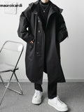 Ouzey Spring Autumn Long Black Khaki Oversized Trench Coat Men with Hood Pockets Loose Casual Windproof Windbreaker 2025