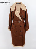 Ouzey Spring Winter Long Brown Thickened Warm Soft Fake Shearling Coat Women Belt Loose Faux Sheepskin Overcoat 2025