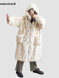 Ouzey Winter Long Oversized Colorful Cute Sweet Faux Fur Coat Women with Hood Horn Buttons Fluffy Furry Overcoat 2025