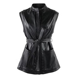 Ouzey Spring Short Black Soft Pu Leather Vest Women with Side Slit Sashes Stand Collar Luxury Chic Sleeveless Jacket 2025