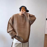 Ouzey 2024 Autumn Trendy Hong Kong Style Vintage Loose Fit Sweater Fringed Round Neck For Men Casual Scene Handmade Knitwear