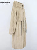 Ouzey Winter Long Thick Warm Striped Fluffy Faux Fur Coat Women with Drawstring Waist and Hood Zip Up Furry Overcoat 2025