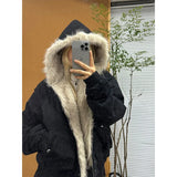 Ouzey Y2K Street Leather Collar Hooded Jacket American Retro Women's Winter New Velvet Thickened Warm Harajuku Loose Casual Jacket