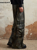 Ouzey Spring Autumn Long Baggy Colorful Distressed Brown Soft Pu Leather Wide Leg Cargo Pants Men Luxury Designer Clothing