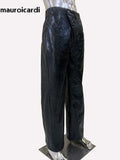 Ouzey Spring Long Black Faux Leather Pants Men High Waist Luxury Designer Pleated Pu Leather Straight Trousers Clothes