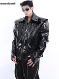 Ouzey Spring Autumn Loose Black Shiny Reflective Patent Leather Jacket Men Long Sleeve Zipper Oversized Designer Clothes