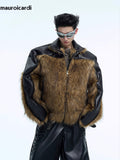 Ouzey Autumn Winter Short Snakeskin Leather Patchwork Faux Fur Coat Men Stand Collar Zip Up Thick Warm Fluffy Jacket 2025