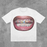 Ouzey Streetwear T Shirt Y2K Tops Hip Hop Gothic Teeth Graphic Print Oversized TShirt Mens Womens Round Neck Cotton Short Sleeve Tops