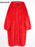 Ouzey Spring Winter Long Oversized Red Warm Fluffy Faux Fur Coat Women with Hood Zipper Loose Casual Furry Overcoat 2025