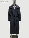 Ouzey Spring Winter Oversized Extra Long Warm Grey Wool Blends Coat Men Sashes Luxury Elegant Chic Woolen Overcoat 2025