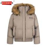 Ouzey Winter couple style parkour clothing trendy solid color American mountain carving thick warm big fur collar cotton jacket