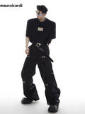 Ouzey Autumn Black Cool Leather Patchwork Wide Leg Pants for Mens Floor Length Luxury Designer Men Clothing Emo Streetwear