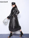 Ouzey Winter Oversized Long Black Quilted Thickened Warm Pu Leather Coat Women with Faux Fur Trim Luxury Designer Clothes