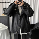 Ouzey Spring Black Oversized Leather Biker Jacket Men Casual Loose Korean Fashion 2025 Faux leather Jackets for Men Brand