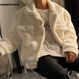 Ouzey Winter White Short Soft Warm Faux Fur Coat Long Sleeve Plus Size Designer Men Streetwear Clothing Fluffy Jacket 2025