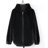 Ouzey Spring Winter Black Warm Thick Soft Fluffy jacket Women with Hood Long Sleeve Faux Rex Rabbit Fur Coat Women Zipper