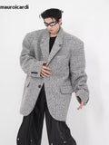 Ouzey Spring Autumn Oversized Casual Stylish Black Woolen Blazers for Men Shoulder Pads Long Sleeve Loose Korean Fashion