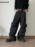 Ouzey Spring Autumn Cool Black Wide Leg Cargo Pants Multi Pockets Long Techwear Clothes Handsome Trousers Streetwear 2025