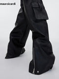 Ouzey Autumn Cool Black Baggy Pu Leather Wide Leg Cargo Pants for Men Three-dimensional Pockets Luxury Designer Clothes