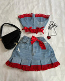 Ouzey Y2K New Fashion Outfits Denim Skirt Suit Harajuku Sexy Bow Slim Tube Tops Low Waist Mini Skirt Goth Kawaii Womens Clothing